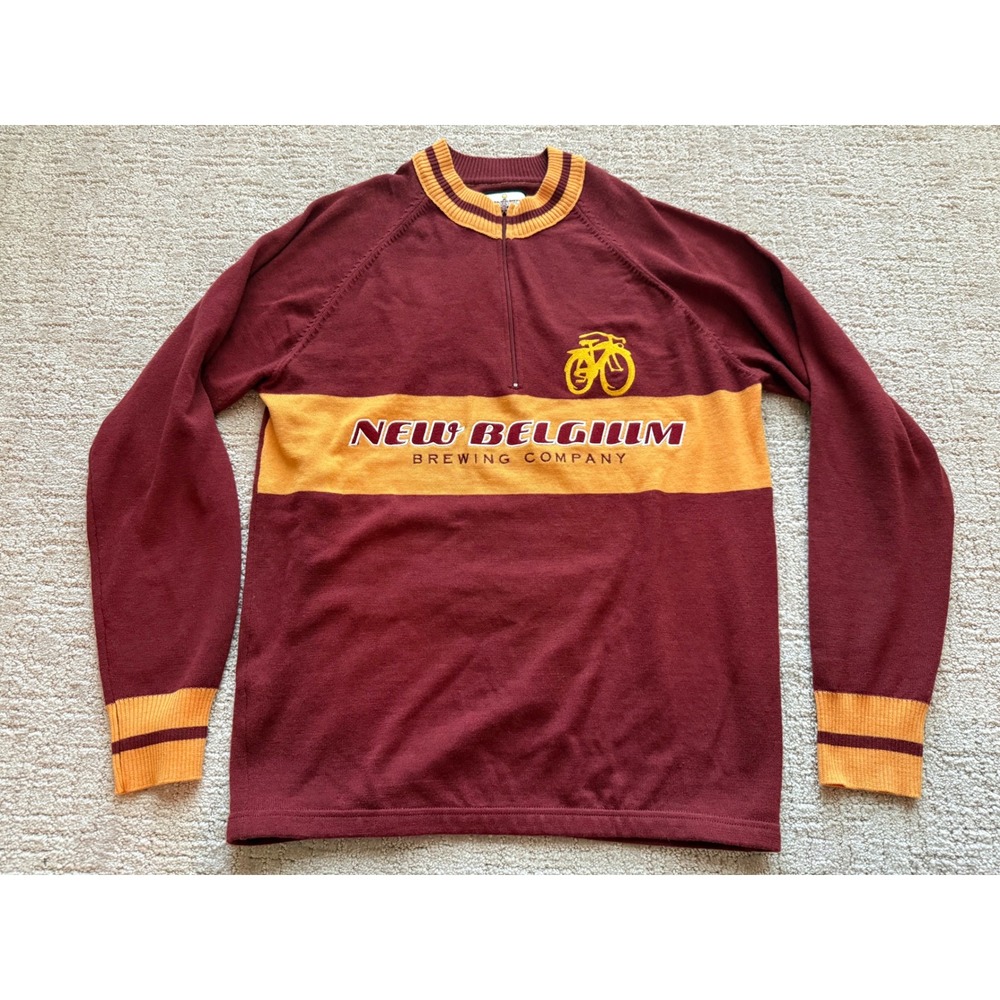 New Belgium Brewing Cycling Jersey Mens L Maroon Excellent Merino Wool 1/4 Zip